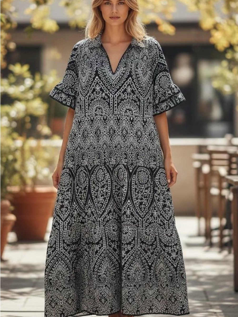 Chico’s Women’s Navy and White Printed Ruffle Sleeve Dress